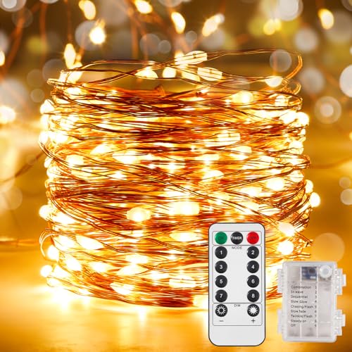 Ariceleo 10m 100 LED Wasserdichte Lichterkette, Batteriebetrieben, 1 Packung Warmweiße Kupferdraht-Lichter mit Fernbedienung, Timer & Funkelmodus, Ideal für Schlafzimmer Hochzeit Weihnachtsdekoration von Ariceleo