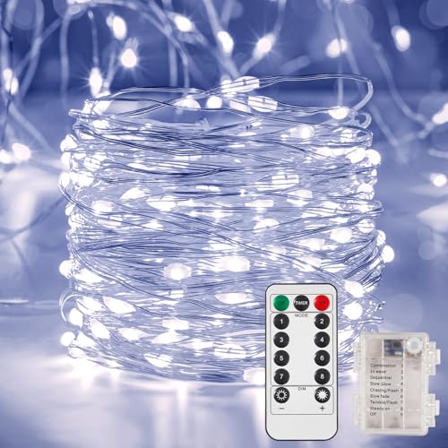 Ariceleo 10m 100 LED Wasserdichte Lichterkette, Batteriebetrieben, 1 Packung Weiß Kupferdraht-Lichter mit Fernbedienung, Timer & Funkelmodus, Ideal für Schlafzimmer Hochzeit Weihnachtsdekoration von Ariceleo