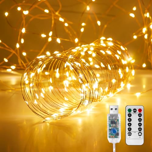 Ariceleo USB LED-Fee-Lichterkette, 1 Packung 10M Kupferdraht-Funkellichter mit Fernbedienung & Timer, 8 Modi, Wasserdicht, Warmweiße Sternenlichter für Party, Hochzeit, Weihnachten von Ariceleo