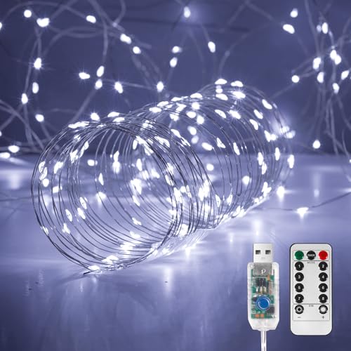 Ariceleo USB LED-Fee-Lichterkette, 1 Packung 10M Kupferdraht-Funkellichter mit Fernbedienung & Timer, 8 Modi, Wasserdicht, Weiß Sternenlichter für Party, Hochzeit, Weihnachten von Ariceleo