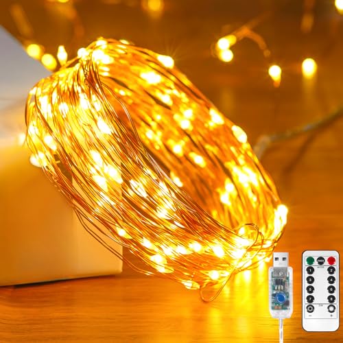 Ariceleo USB LED-Fee-Lichterkette, 1 Packung 20M Kupferdraht-Funkellichter mit Fernbedienung & Timer, 8 Modi, Wasserdicht, Warmweiße Sternenlichter für Party, Hochzeit, Weihnachten von Ariceleo