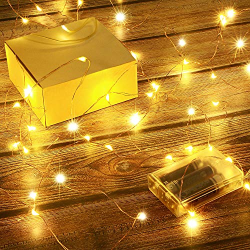 Led Lichterkette Batterie Strombetrieben, 2 Packung Batteriebetrieben 5m 50er Micro LED Kupferdraht Lichterketten für Schlafzimmer, Weihnachten, Innen, Feste, Hochzeiten, Dekoration(Warmweiß) von Ariceleo