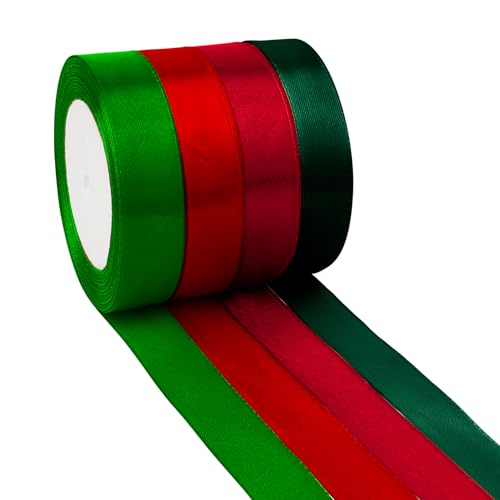 Weihnachtsband zum Verpacken von Geschenken, 4 Rollen, rotes Band, dunkelgrünes Band, Bänder zum Basteln, 2,2 cm, 22,7 m, Band für Blumenstrauß, rotes Band für Haarband, für Geschenkverpackungen, von Aridantrp