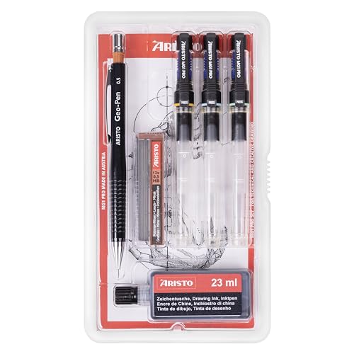 Aristo AH64308 mg1 Pro Tuschefüller College Set 6-teilig (3 Tuschefüller mg1 Pro, Strichstärken 0,25/0,35/0,5 mm, Geo-Pen Feinminenstift 0,5 mm mit 12 Ersatzminen, Zeichentusche schwarz) von Aristo