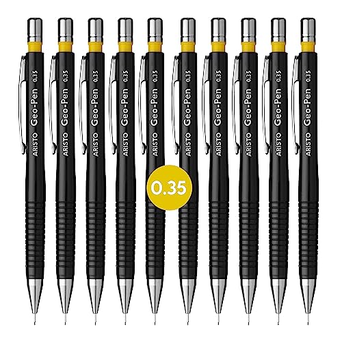 Aristo AR85003 Druckbleistift Geo Pen 0,35 mm (Ergonomisch gerillte Griffzone, gefederte Minenführung, Härtegrad Mine HB, integrierter Radiergummi) schwarz, 10 Stück von Aristo