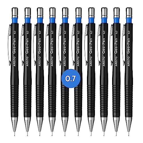 Aristo AR85007 Druckbleistift Geo Pen 0,07 mm (Ergonomisch gerillte Griffzone, gefederte Minenführung, Härtegrad Mine HB, integrierter Radiergummi) schwarz, 10 Stück von Aristo