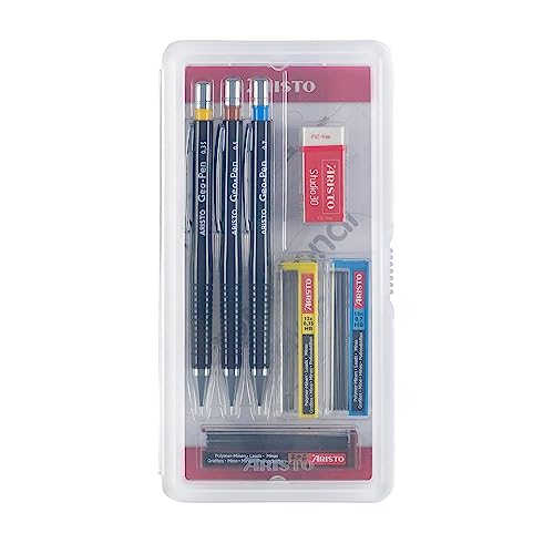 Aristo AR85010 Druckbleistifte Geo Pen Set 7-teilig (Bleistifte in den Strichstärken 0.35/0.50/0.70 mm, Härtegrad HB, inkl. 3 Dosen mit passenden Ersatzminen, Radiergummi Studio30) schwarz von Aristo