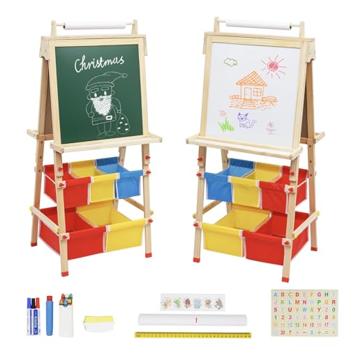 Arkyomi Kinder Tafel Holz 3 in 1 Doppelseitige Kreidetafel&Whiteboard&Zeichenpapier Kindertafel Malerei Holztafel Höhenverstellbar Standtafel mit Zubehör 5 Aufbewahrungsboxen ab 3 Jahre von Arkyomi