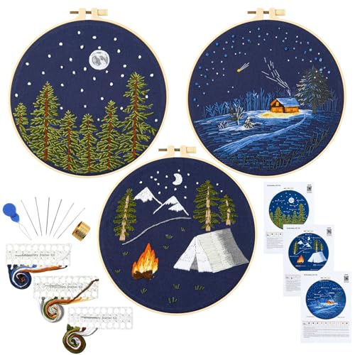 Armindou Weihnachts-Sticksets für Anfänger und Erwachsene, Winter-Handstickerei-Nadelspitzen-Kits, Weihnachten gestempelte Kreuzstich-Sets für Anfänger und Erwachsene, 3 Stickrahmen (beigefügtes von Armindou