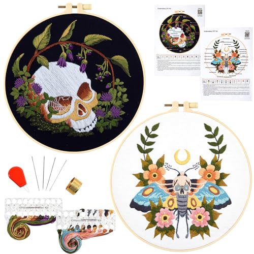 Gothic Totenkopf Stickerei Starter Kits für Anfänger Erwachsene, Halloween Gestempelt Kreuzstich Kit für Anfänger Erwachsene, Blumen Handstickerei Nadelspitze Kit, 2 Stickrahmen (beigefügtes von Armindou