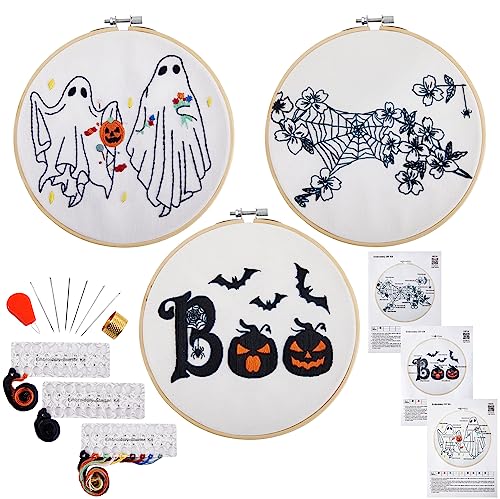 Halloween-Stickerei-Set für Anfänger und Erwachsene, geprägtes Kreuzstich-Set für Erwachsene Anfänger, Handstickerei-Starter-Set mit Muster-Nadelspitzen-Kit, 3 Stickrahmen und Stoff, Nadel, Faden von Armindou