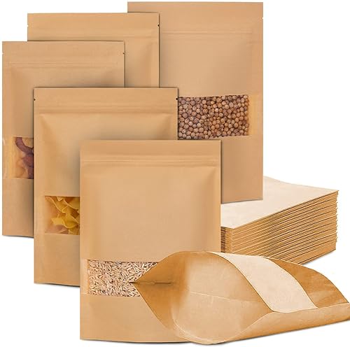 50 Papiertüten mit Fenster, Kraftpapier Tüten, Wiederverwendbar Kraftpapiertüten Kekstüten Papier Papiertüten Braun Verschließbare für Nüsse Kaffeebohnen Teeblätter Süßigkeiten Snacks 26x35cm von Arohana