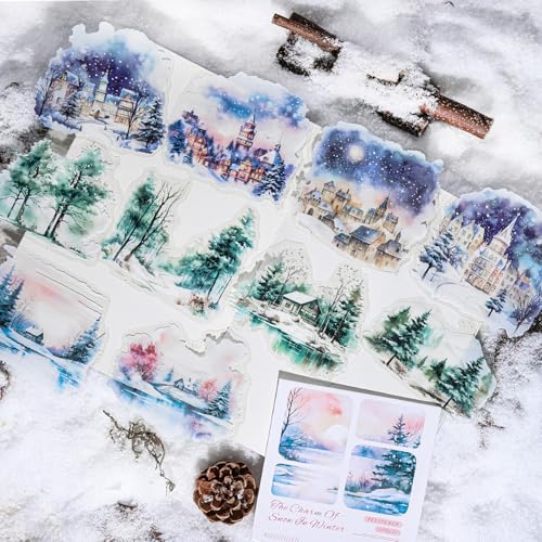 Arpaper Scrapbooking Stickers Zubehör 60 Pcs Schneelandschaft Stickers Ästhetik PET Material Dekorative Sticker für Scrapbooking, Journaling,Album DIY(Winter Snow Scenery) von Arpaper