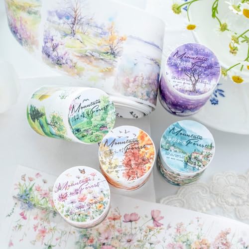 Arpaper Scrapbooking Zubehör Stickers Set,6 Rolls Washi Tape Stickers,Forests Blumen Aesthetic Stickers Decorative for Journal,Photo Album,Notebook,Bullet Journal Zubehör(Mountains Forests Series) von Arpaper