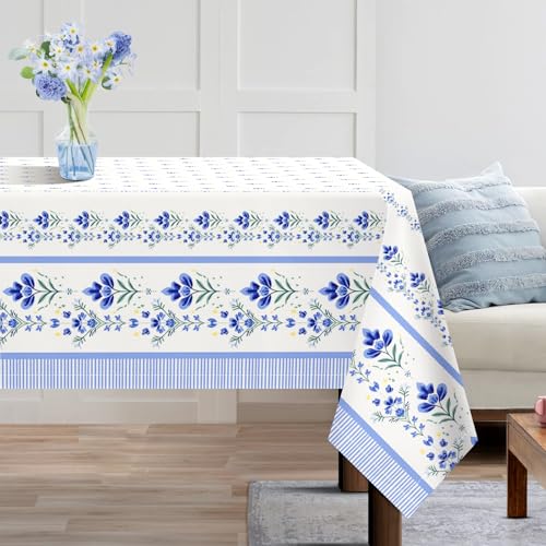 Arquiel Tischdecke Blau Weiß, Tischdecken Abwaschbar Rechteckige Tischtuch Blumen Dekorative Bordüre Tischdeck Für Garten, Küche Essen Parteien Sommer (140X180Cm) von Arquiel