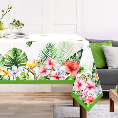 Arquiel Tischdecke Hawaiianische Blumen, Tischdecken Abwaschbar Rechteckige Tischtuch Grün Palmenblätter Tischdeck Für Garten, Küche Essen Parteien Sommer (152X213Cm) von Arquiel