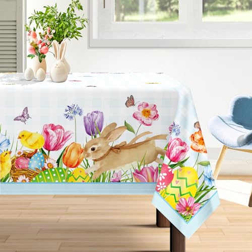 Arquiel Tischdecke Ostern Blau Tulpe, Kaninchen Tischtuch Wasserabweisend StrapazierfäHiges, Abwischbar Tischdeck FüR Abendessen, KüChe, Hochzeit, Drinnen, FrüHling/Sommer(140 x 180 cm) von Arquiel