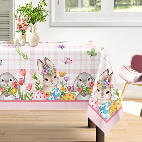 Arquiel Tischdecke Ostern Rosa, Kaninchen Tischtuch Wasserabweisend StrapazierfäHiges, Abwischbar Tischdeck FüR Abendessen, KüChe, Hochzeit, Drinnen, FrüHling/Sommer(140 x 180 cm) von Arquiel