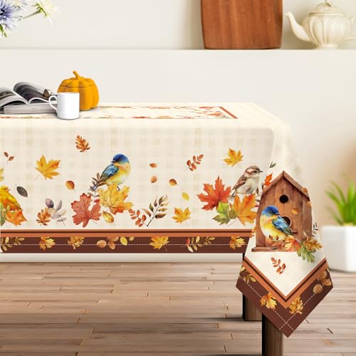 Arquiel Tischdecke Rechteckige, Tischtuch Abwaschbar Vintage Erntedankfest Tischdecken Ahornblatt Vogel Tischdecke für Party Picknick Herbst Abendessen Dekor(140 x 180 cm) von Arquiel