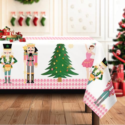 Arquiel Tischdecke Weihnachten, Nussknacker Rosa Weihnachtsbaum Tischtuch Abwaschbar Rechteckige Pflegeleicht Tischdeck FüR Küche Parteien Dekoration Hochzeit Festival(152 x 213cm) von Arquiel