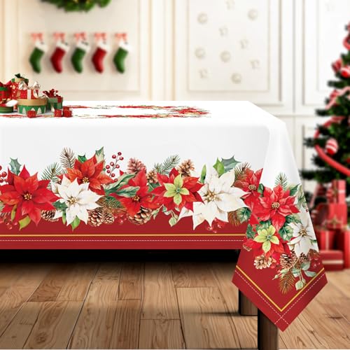 Arquiel Tischdecke Weihnachten, Winter Florale Weihnachtsblume Tischtuch Abwaschbar Rechteckige Pflegeleicht Tischdeck FüR Küche Parteien Dekoration Hochzeit Festival(140 x 180cm) von Arquiel