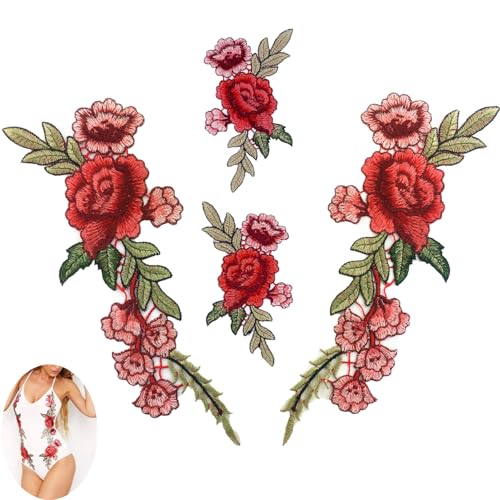 ArrErr 4 Stück rote Rose Stickerei Patches Applikation Nähen Blume bestickt Patch für Jacken Mäntel Kleidung Jeans Hoodies Kleid DIY Kunst Handwerk Dekor Kleidung Taschen Rock Blazer Weste stilvolle von ArrErr