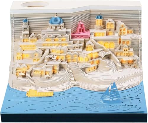 3D-Notizblock Ägäis-Santorini 3D-Kunst-Notizblock Papierskulptur Bastelnotizen Papier mit Silhouette nicht klebender Notizblock Würfel Notizkarten Aufkleber Postnotizen für/Zuhause von ArrGo