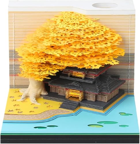 ArrGo 3D-Notizblock 260 Blatt Papierschnitzkunst 3D-Haftnotizen praktische Post-Notizen Baumhaus-Notizblock Kawaii-Notizblock mit Licht Stifthalter und Lesezeichen DIY kreative Geschenke(Yellow) von ArrGo
