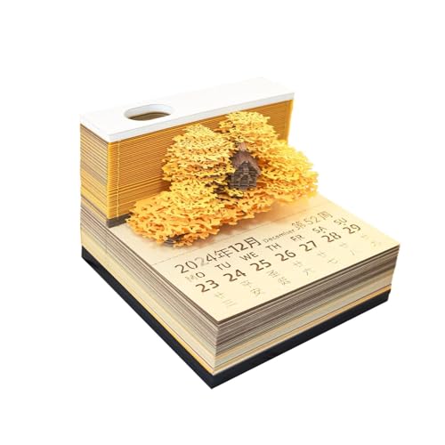 ArrGo Zeitstück-Kalender 2024 3D-Kunstkalender Notizblock Schreibtischkalender mit LED-Leuchten DIY-Abreißkalender Papierschnitzkunst Schreibtischdekoration kreatives Geschenk(Golden Yellow) von ArrGo