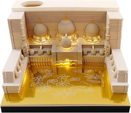 Kreativer 3Dmit LED-Licht Kreativer Tempel zum Abreißen von Papierschnitzereien Haftnotiz-Skulptur Kunstvoller 3D-Notizblock mit Stifthalter Architekturmodell Schreibtischdekor von ArrGo