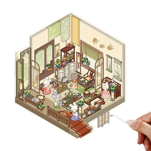 Arroopu 3D-Hausaufkleber, Cartoon-Szenen-Aufkleber, 3D-chinesisches Haus, Miniatur-Raumaufkleber, niedlicher Scrapbook-Aufkleber für Kinder und Erwachsene von Arroopu