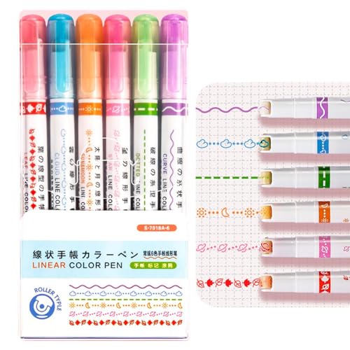 Arroopu Curve Textmarker-Stifte-Set, 6 x farbige Kurvenstifte, Textmarker, Marker mit 6 verschiedenen Kurvenformen zum Schreiben, Zeichnen, Journaling, Scrapbooking, Basteln von Arroopu