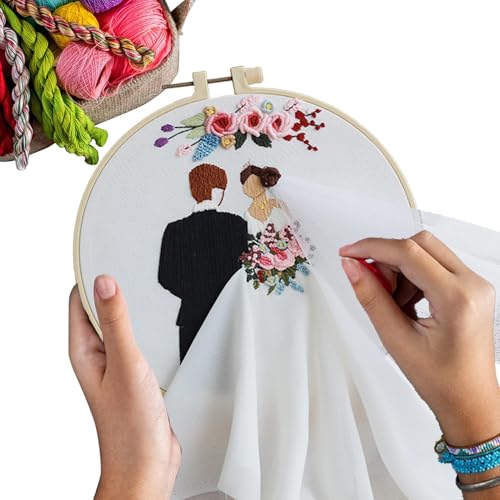 Arroopu Hochzeitsstickerei, Anfänger Stickerei Kits Hochzeit,Erwachsene Punchnadel -Set - Stickkit für Anfänger mit Reifennadeln und Anweisungen für Wohnkultur von Arroopu