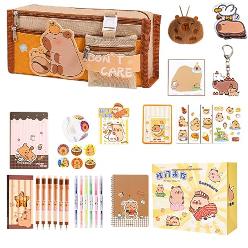 Capybara Schreibwaren Set Für Kinder, Süßes Schreibwaren Geschenkset, Enthält Federmäppchen, Notizbuch, Haftnotiz, Aufkleber, Lesezeichen, Textmarker Und Mehr, 403 Stück von Arroopu