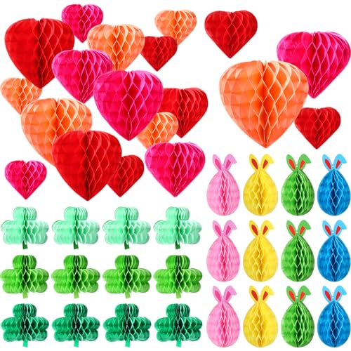 Arrowbash 36 Stück Valentinstag St. Patrick's Day Ostern Waben Herz Waben zum Aufhängen für Zuhause Kleeblatt Mittelstücke für Tische Osterhasen Waben für Ostern hängende Dekorationen von Arrowbash