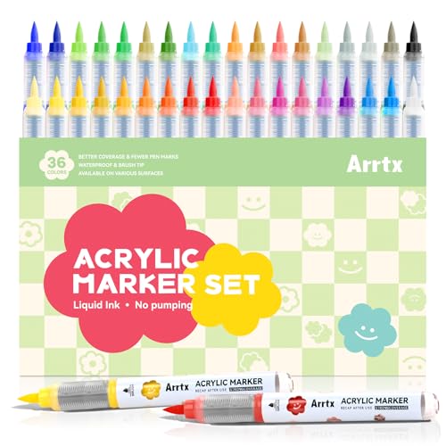 Arrtx Acryl Marker 36 Farben, Pinselspitze Acryl Farbe Marker Paint Stifte Set für Rock Malerei Glas Stein Holz von Arrtx