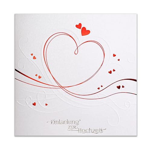 Art Nuvo HOCHZEITSEINLADUNGEN - SATZ 20 St, 135x135mm MIT BEDRUCKBAREN EINLAGEN UND UMSCHLÄGEN FÜR HOCHZEIT – ROTE FOLIE, GEPRESSTES MUSTER AUF METALLICPAPIER, ZAP_DE_07 von art nuvo