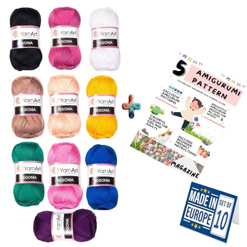 10 Knäuel Garn Art Begonia, 100 % merzerisierte Baumwolle, zum Häkeln und Stricken, Amigurumi, weich, Fine-Sport 2, 50 g, 169 m, 10 am häufigsten verwendete Farben Version 2 von Art of Yarn