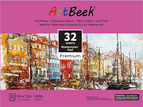 ArtBeek Aquarell-Papierblock, 22,9 x 30,5 cm, 32 Blatt, 100 % Baumwolle, Heißpressung, 300 g/m² von ArtBeek