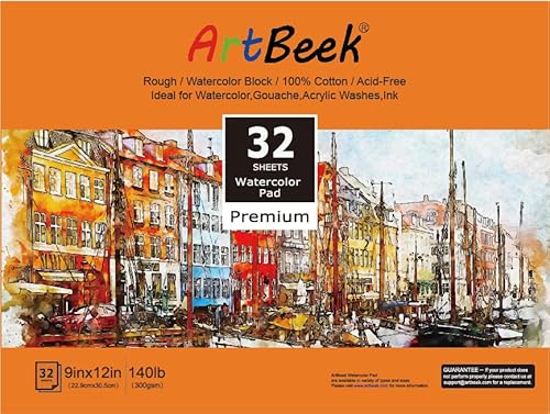 ArtBeek Aquarell-Papierblock, 22,9 x 30,5 cm, 32 Blatt, 100 % Baumwolle, grob, 300 g/m² von ArtBeek