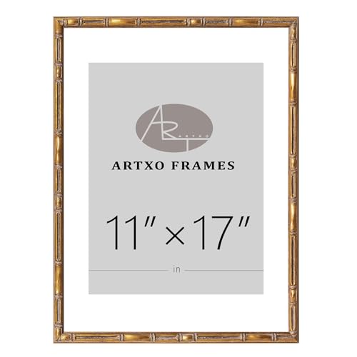 ArtXO Bilderrahmen aus Holz, 27,9 x 43,2 cm, mit Passepartout oder 27,9 x 43,2 cm ohne Passepartout, goldfarbener Bambus-Posterrahmen, zum Aufhängen an der Wand von ArtXO