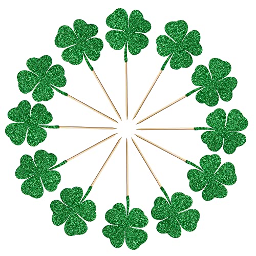 Artczlay 24 Stück vierblättriges Kleeblatt Cupcake Topper St. Patrick's Day Party Grün Glitter Glücksklee vierblättriges Kleeblatt Kuchen Dekoration Zubehör von Artczlay