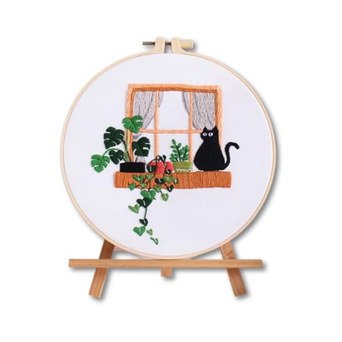 Arte Vita Stickerei-Starter-Set, 30 x 30 cm, geprägtes Tuch, Fäden, Nadeln, Reifen, Musteranleitung – Katze am Fenster von Arte Vita