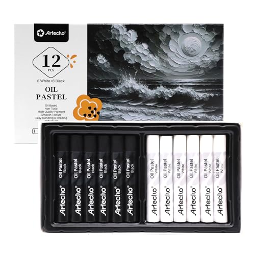 Artecho Ölpastellkreiden Set mit 12 weichen Pastellkreiden für Kunstmalerei, Zeichnen, Mischen - 6 Weiß und 6 Schwarz (10 x 70 mm) von Artecho