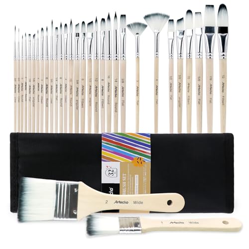 Artecho Pinselset Acrylfarben, Pinsel Set für Aquarell, Öl, Steinmalerei, Nagelpinsel, 32 Verschiedene Größen mit Organisationstasche. von Artecho