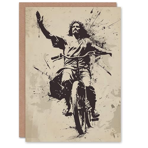 Artery8 Christ On A Bike Jesus Riding Bicycle Stencil Art Blank For Him Or Her Art Birthday Card von Artery8