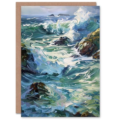 Artery8 Greeting Card Sea Spray Waves Crashing on Rocks Oil Painting Blank For Him Or Her Art Birthday Card von Artery8