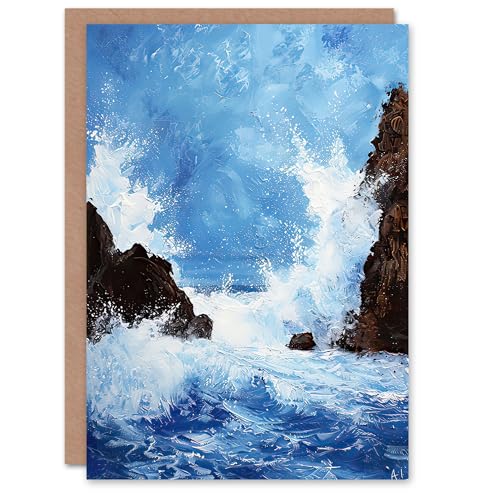 Artery8 Greeting Card Waves Crashing Rocks Sea Spray Oil Painting Blank for Him Or Her Art Birthday Card von Artery8