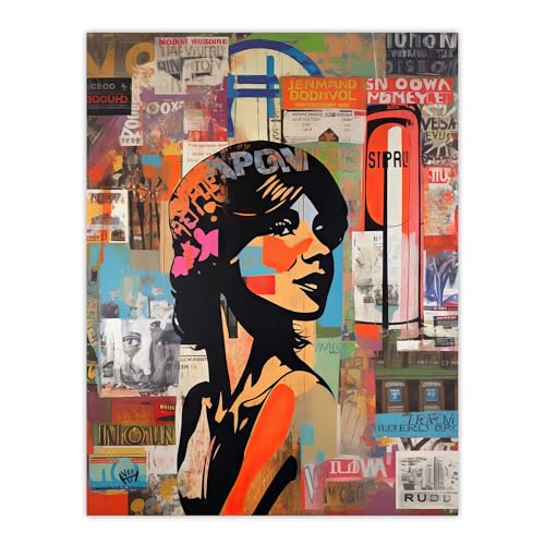 Artery8 Stencil On City Poster Wall Young Woman Portrait Over Flyposter Adverts Vibrant Colourful Bold Pop Art Modern Painting Large Wall Art Poster Print Thick Paper 18X24 Inch von Artery8