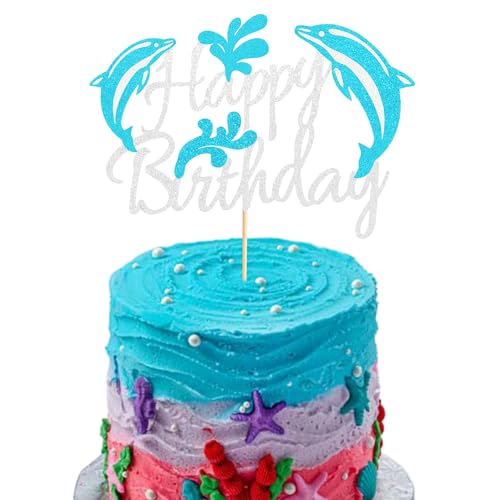 Arthsdite 1 x Delphin Happy Birthday Tortenaufsatz Delphin Marine Thema Junge Mädchen Kind Geburtstag Party Kuchen Dekoration – Blau Silber Glitzer von Arthsdite